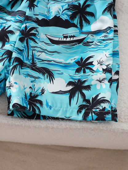 Playful Pals Baby Boy 3-Piece Set Blue White Stripe Summer Casual Tropical Vacation Holiday Letter Print Top Coconut Tree Beach Shorts Matching Hat Toddler Boys
