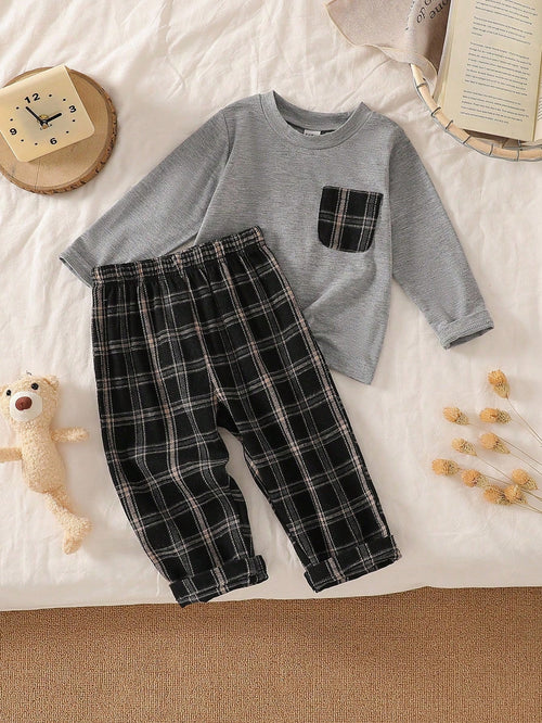 Playful Pals Baby Boy Gray Crew Neck Long Sleeve Top & Black And White Plaid Pants Set Autumn Casual Matching Family Minimalist Fall Winter Outdoor Outfit 2pcs