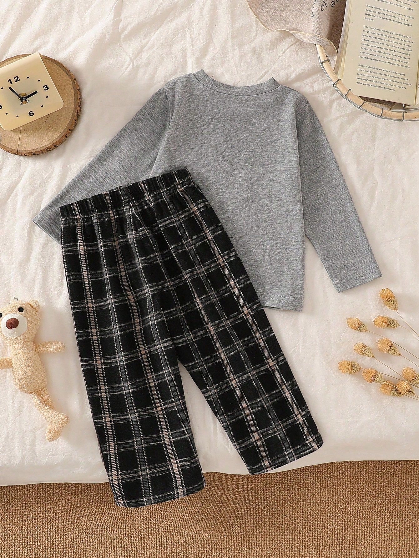 Playful Pals Baby Boy Gray Crew Neck Long Sleeve Top & Black And White Plaid Pants Set Autumn Casual Matching Family Minimalist Fall Winter Outdoor Outfit 2pcs