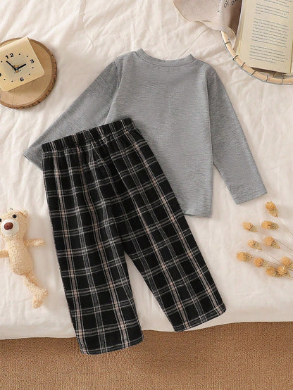 Playful Pals Baby Boy Gray Crew Neck Long Sleeve Top & Black And White Plaid Pants Set Autumn Casual Matching Family Minimalist Fall Winter Outdoor Outfit 2pcs