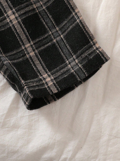 Playful Pals Baby Boy Gray Crew Neck Long Sleeve Top & Black And White Plaid Pants Set Autumn Casual Matching Family Minimalist Fall Winter Outdoor Outfit 2pcs