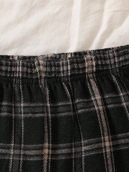 Playful Pals Baby Boy Gray Crew Neck Long Sleeve Top & Black And White Plaid Pants Set Autumn Casual Matching Family Minimalist Fall Winter Outdoor Outfit 2pcs