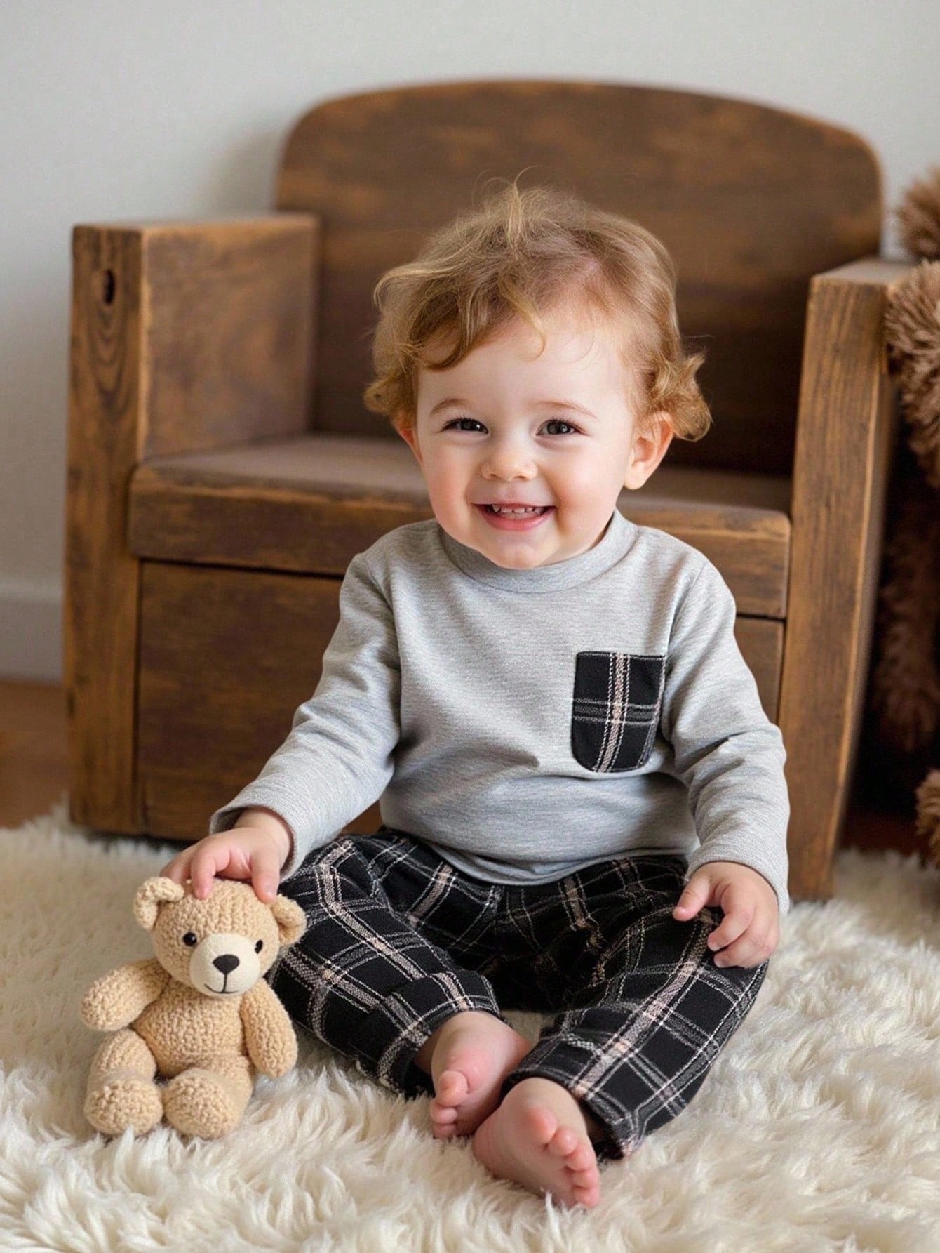Playful Pals Baby Boy Gray Crew Neck Long Sleeve Top & Black And White Plaid Pants Set Autumn Casual Matching Family Minimalist Fall Winter Outdoor Outfit 2pcs