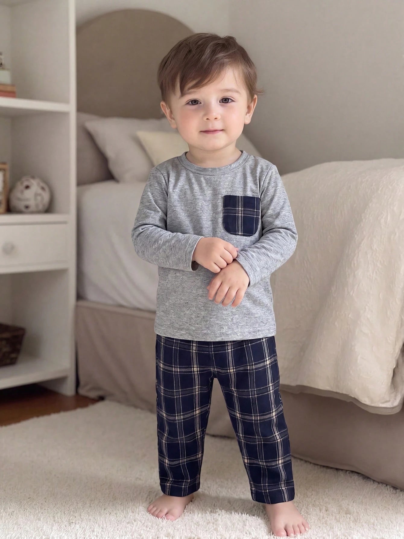 Playful Pals Baby Boy Gray Crew Neck Long Sleeve Top & Black And White Plaid Pants Set Autumn Casual Matching Family Minimalist Fall Winter Outdoor Outfit 2pcs