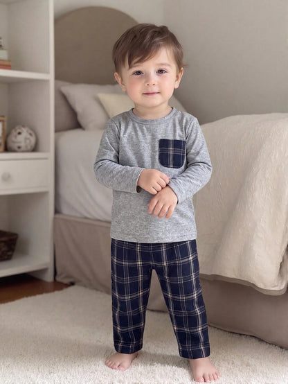 Playful Pals Baby Boy Gray Crew Neck Long Sleeve Top & Black And White Plaid Pants Set Autumn Casual Matching Family Minimalist Fall Winter Outdoor Outfit 2pcs