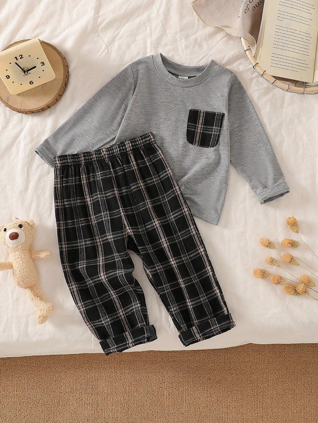 Playful Pals Baby Boy Gray Crew Neck Long Sleeve Top & Black And White Plaid Pants Set Autumn Casual Matching Family Minimalist Fall Winter Outdoor Outfit 2pcs