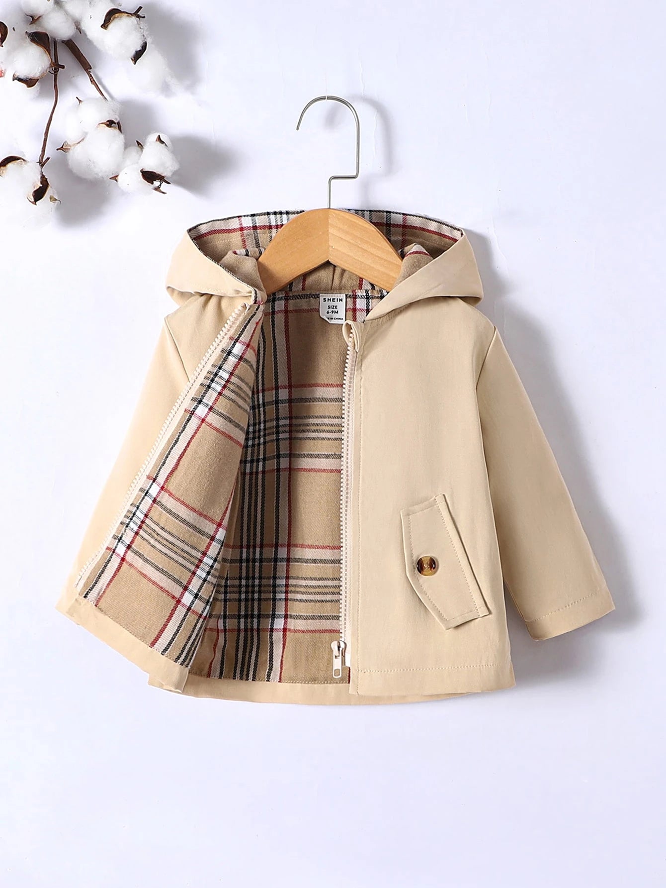 Playful Pals Baby Boy Plaid Print Zip Up Hooded Coat, For Christmas