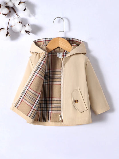 Playful Pals Baby Boy Plaid Print Zip Up Hooded Coat, For Christmas