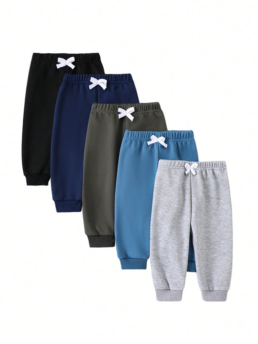 Playful Pals Baby Boy's Casual Loose Solid Sweatshirt And Jogger Pants 5Pcs Outfit Set, Autumn Winter Warm Thickened Fashion Korean Style Baby Boy Clothes