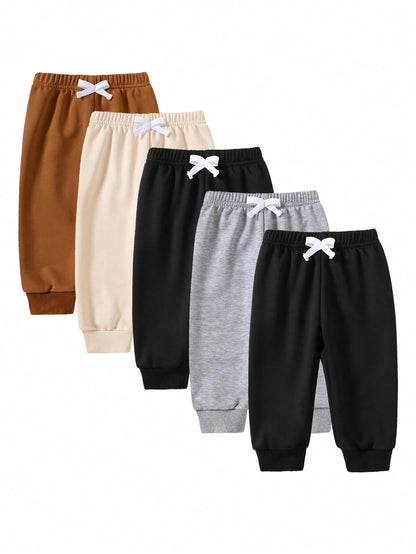 Playful Pals Baby Boy's Casual Loose Solid Sweatshirt And Jogger Pants 5Pcs Outfit Set, Autumn Winter Warm Thickened Fashion Korean Style Baby Boy Clothes