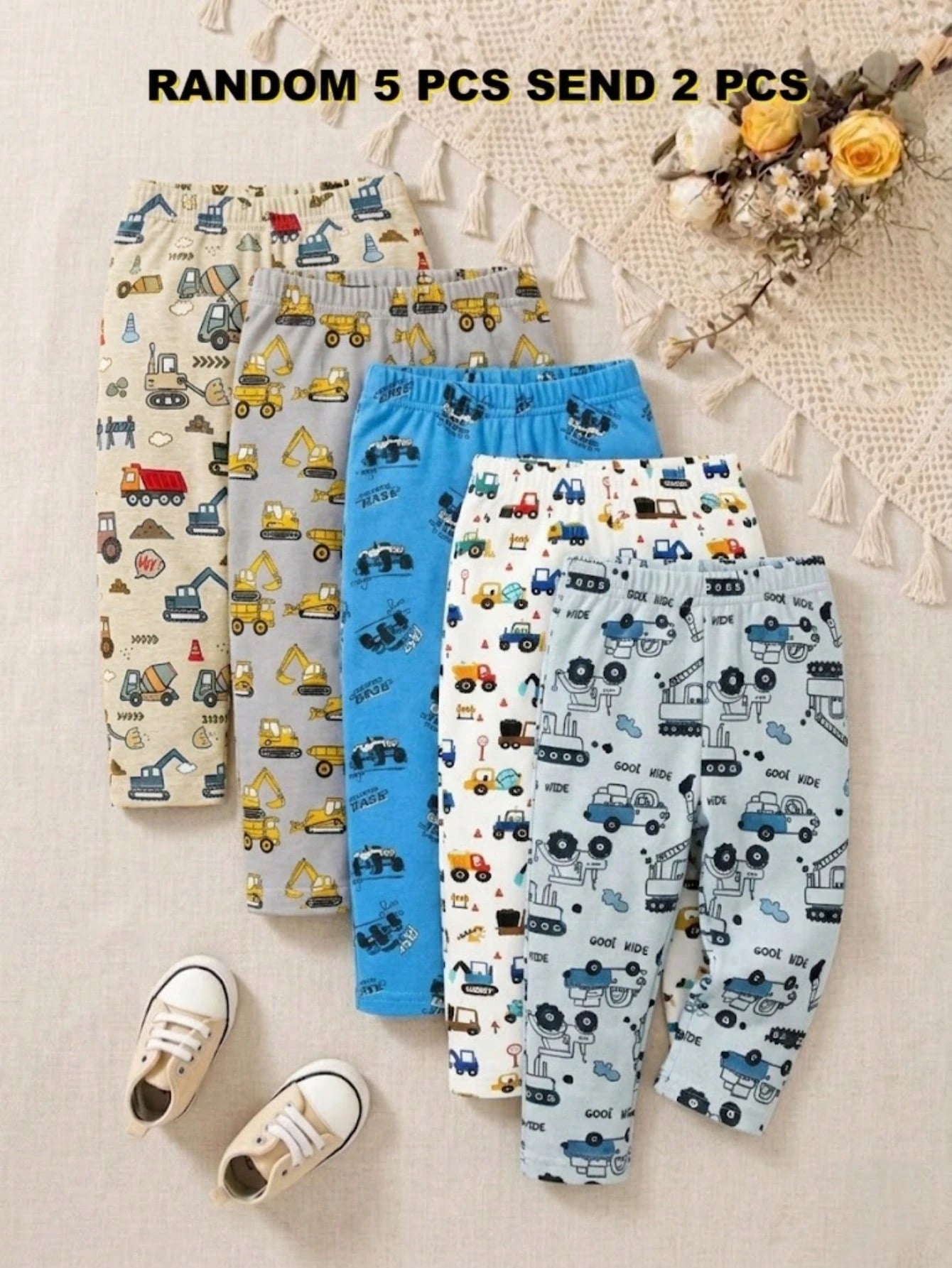 Playful Pals Baby Boys New Cute Comfortable Minimalist Soft Casual Long Pants Random Assortment 5pcs Pack, 2pcs/Set, Boys Pants Daily Outfit, Gift