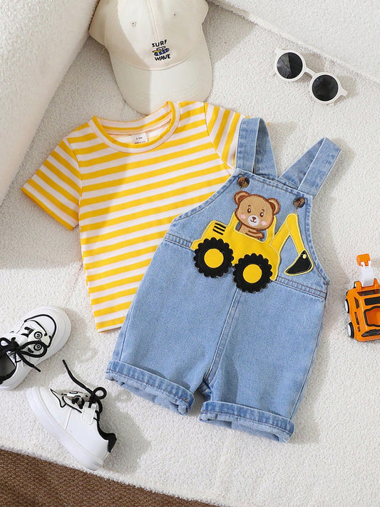Playful Pals Baby Boys' Summer Cute Bear & Excavator Denim Bib Shorts With Blue White Stripe T-Shirt Set Loose Casual Family Matching Outfit For School Activities