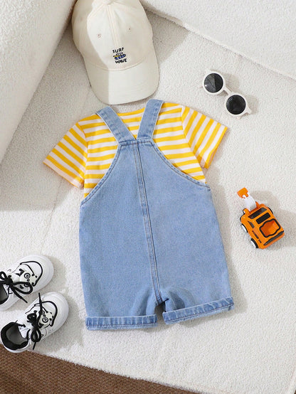 Playful Pals Baby Boys' Summer Cute Bear & Excavator Denim Bib Shorts With Blue White Stripe T-Shirt Set Loose Casual Family Matching Outfit For School Activities