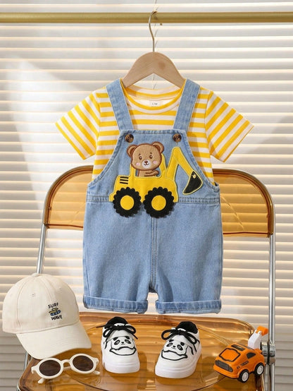 Playful Pals Baby Boys' Summer Cute Bear & Excavator Denim Bib Shorts With Blue White Stripe T-Shirt Set Loose Casual Family Matching Outfit For School Activities