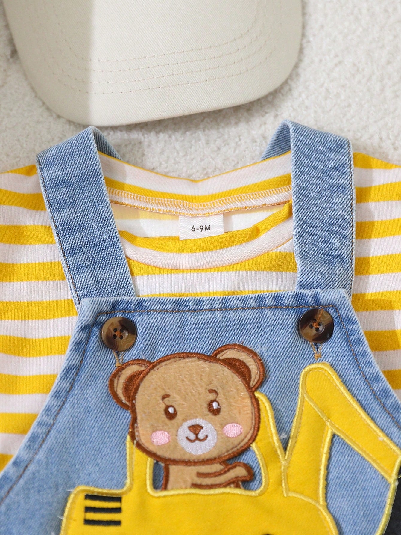 Playful Pals Baby Boys' Summer Cute Bear & Excavator Denim Bib Shorts With Blue White Stripe T-Shirt Set Loose Casual Family Matching Outfit For School Activities