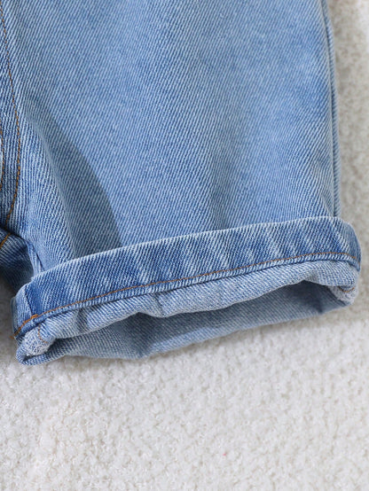 Playful Pals Baby Boys' Summer Cute Bear & Excavator Denim Bib Shorts With Blue White Stripe T-Shirt Set Loose Casual Family Matching Outfit For School Activities