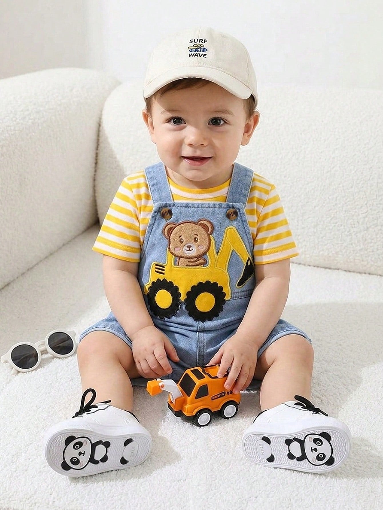 Playful Pals Baby Boys' Summer Cute Bear & Excavator Denim Bib Shorts With Blue White Stripe T-Shirt Set Loose Casual Family Matching Outfit For School Activities