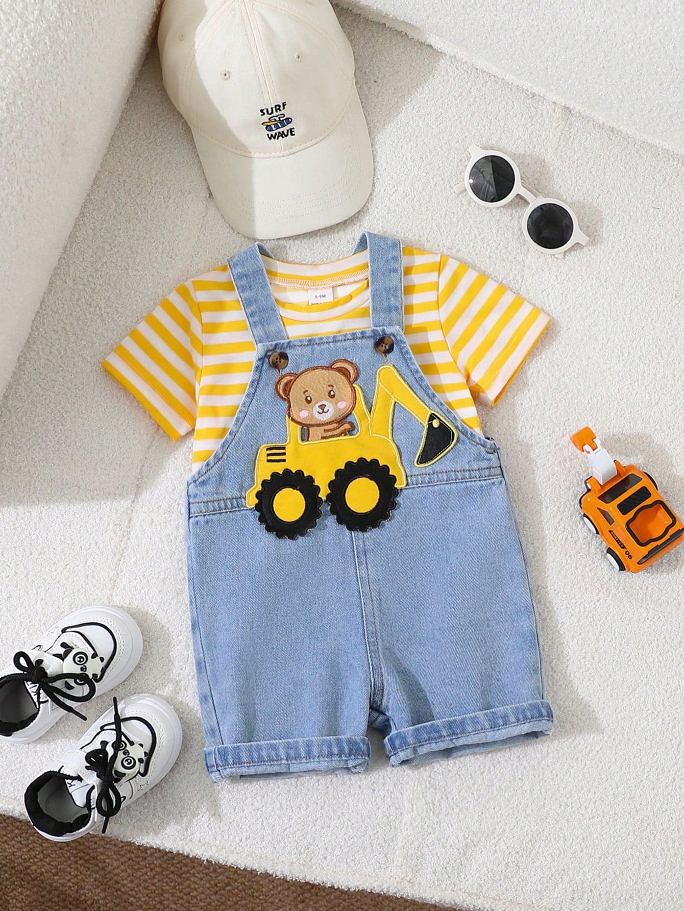Playful Pals Baby Boys' Summer Cute Bear & Excavator Denim Bib Shorts With Blue White Stripe T-Shirt Set Loose Casual Family Matching Outfit For School Activities