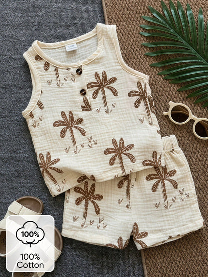 Playful Pals Baby Boys Summer White & Green Vibrant Playful Crocodile Print Sleeveless Tank Top & Shorts Set, Loose Comfortable Fit, Suitable For Daily Outings, School Activities, Family Gatheri