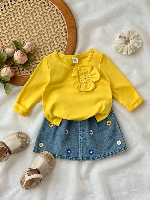 Playful Pals Baby Girl Autumn Cute Modest 2 Pieces Set,Pastel Yellow Long Sleeve Top With Flower Decor & Printed Denim A-Line Skirt,Matching Family Outfit Clothes