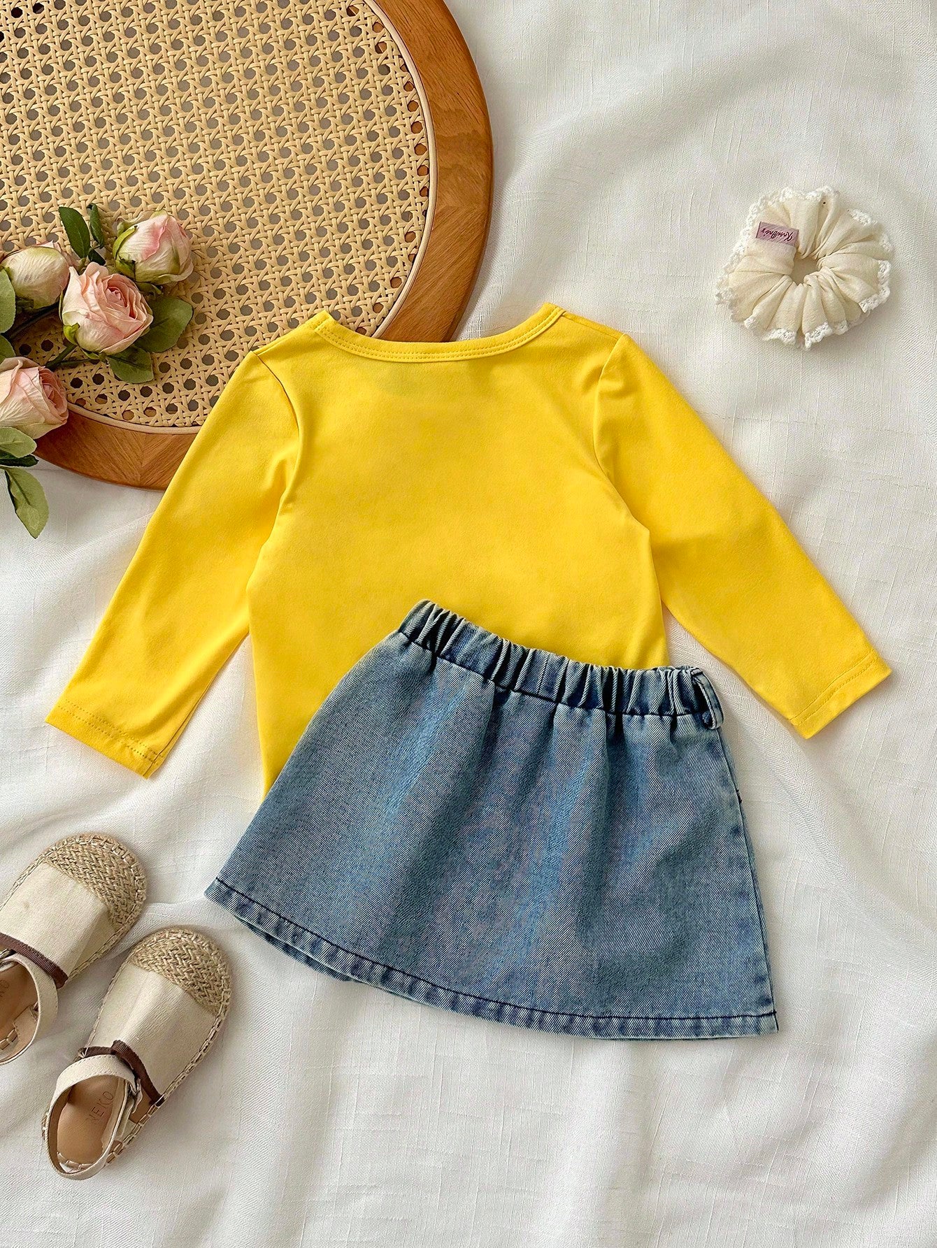 Playful Pals Baby Girl Autumn Cute Modest 2 Pieces Set,Pastel Yellow Long Sleeve Top With Flower Decor & Printed Denim A-Line Skirt,Matching Family Outfit Clothes