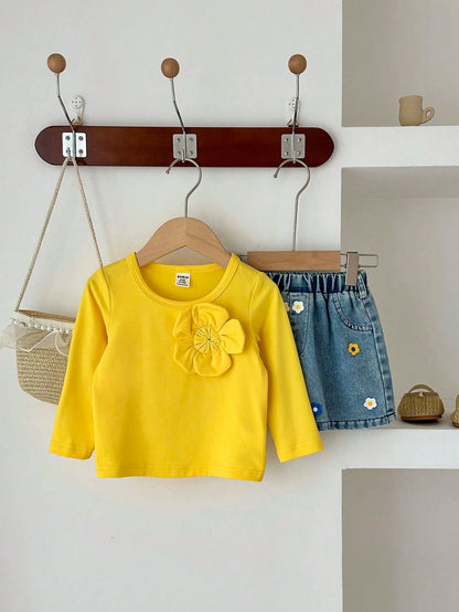 Playful Pals Baby Girl Autumn Cute Modest 2 Pieces Set,Pastel Yellow Long Sleeve Top With Flower Decor & Printed Denim A-Line Skirt,Matching Family Outfit Clothes