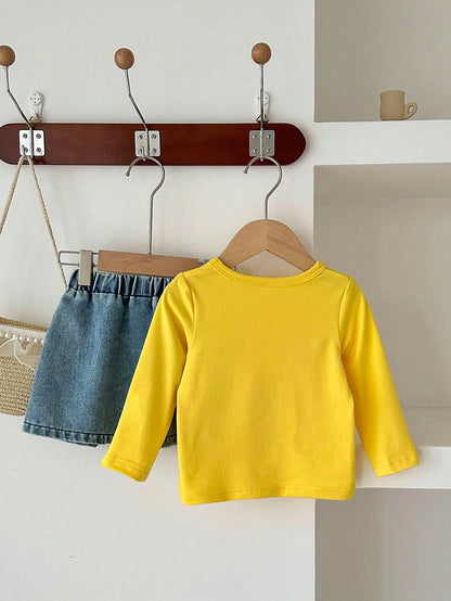 Playful Pals Baby Girl Autumn Cute Modest 2 Pieces Set,Pastel Yellow Long Sleeve Top With Flower Decor & Printed Denim A-Line Skirt,Matching Family Outfit Clothes