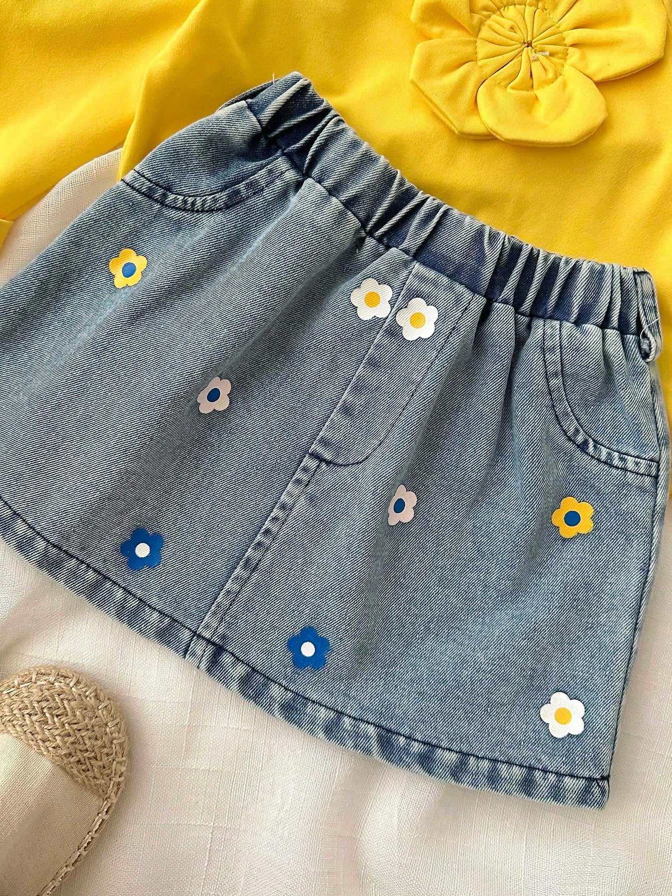 Playful Pals Baby Girl Autumn Cute Modest 2 Pieces Set,Pastel Yellow Long Sleeve Top With Flower Decor & Printed Denim A-Line Skirt,Matching Family Outfit Clothes