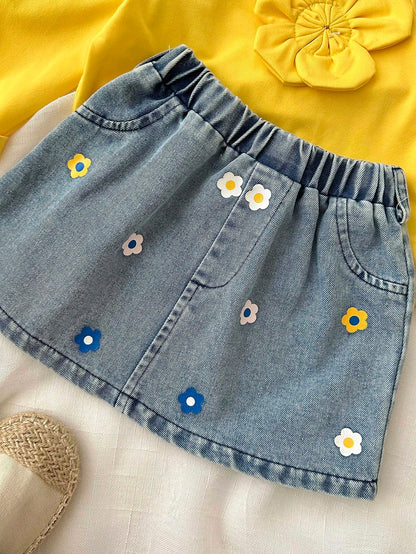 Playful Pals Baby Girl Autumn Cute Modest 2 Pieces Set,Pastel Yellow Long Sleeve Top With Flower Decor & Printed Denim A-Line Skirt,Matching Family Outfit Clothes