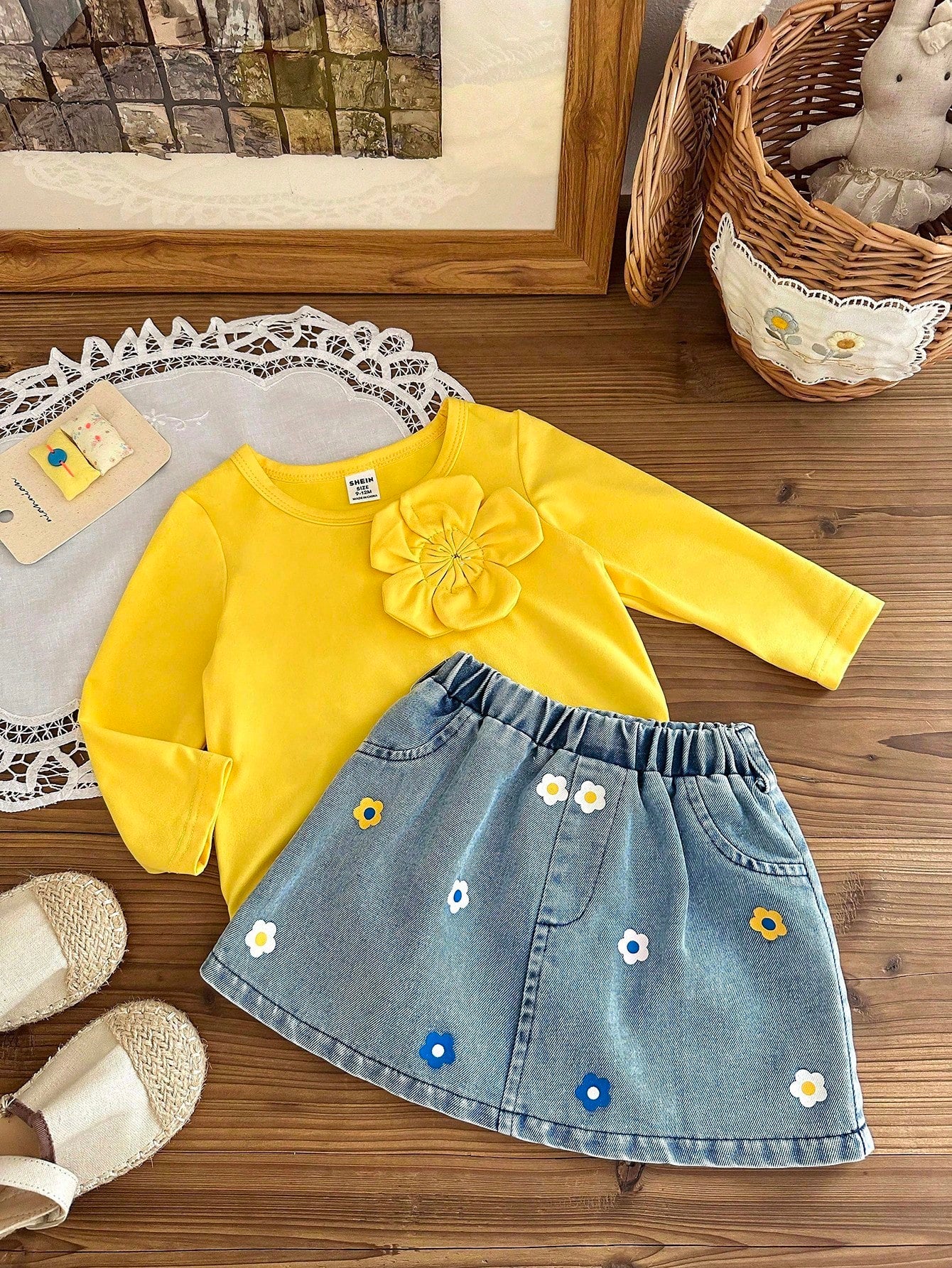 Playful Pals Baby Girl Autumn Cute Modest 2 Pieces Set,Pastel Yellow Long Sleeve Top With Flower Decor & Printed Denim A-Line Skirt,Matching Family Outfit Clothes