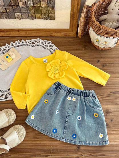 Playful Pals Baby Girl Autumn Cute Modest 2 Pieces Set,Pastel Yellow Long Sleeve Top With Flower Decor & Printed Denim A-Line Skirt,Matching Family Outfit Clothes