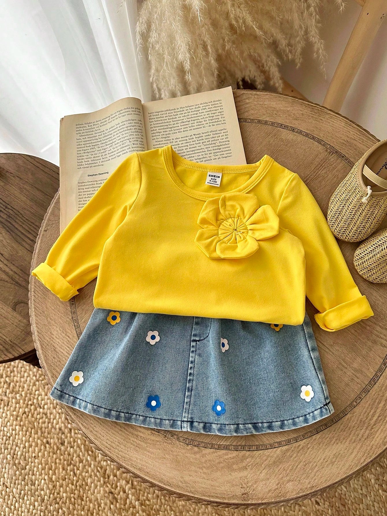 Playful Pals Baby Girl Autumn Cute Modest 2 Pieces Set,Pastel Yellow Long Sleeve Top With Flower Decor & Printed Denim A-Line Skirt,Matching Family Outfit Clothes