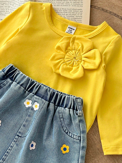 Playful Pals Baby Girl Autumn Cute Modest 2 Pieces Set,Pastel Yellow Long Sleeve Top With Flower Decor & Printed Denim A-Line Skirt,Matching Family Outfit Clothes