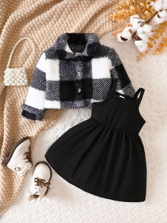Playful Pals Baby Girl Buffalo Plaid Print Jacket & Cami Dress, For Christmas