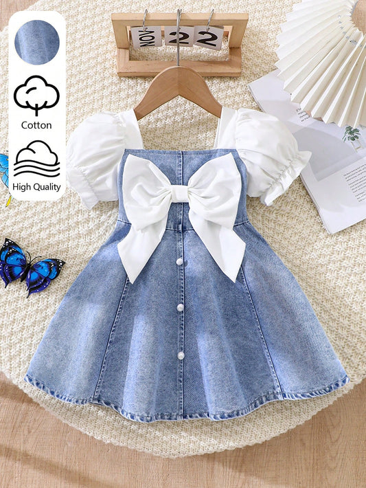 Playful Pals Baby Girls' Puff Sleeve Denim Dress With Bow Decor, Square Neck Design, Paired With White Woven Fabric Short Puff Sleeve Fall Clothes,Festival Outfits