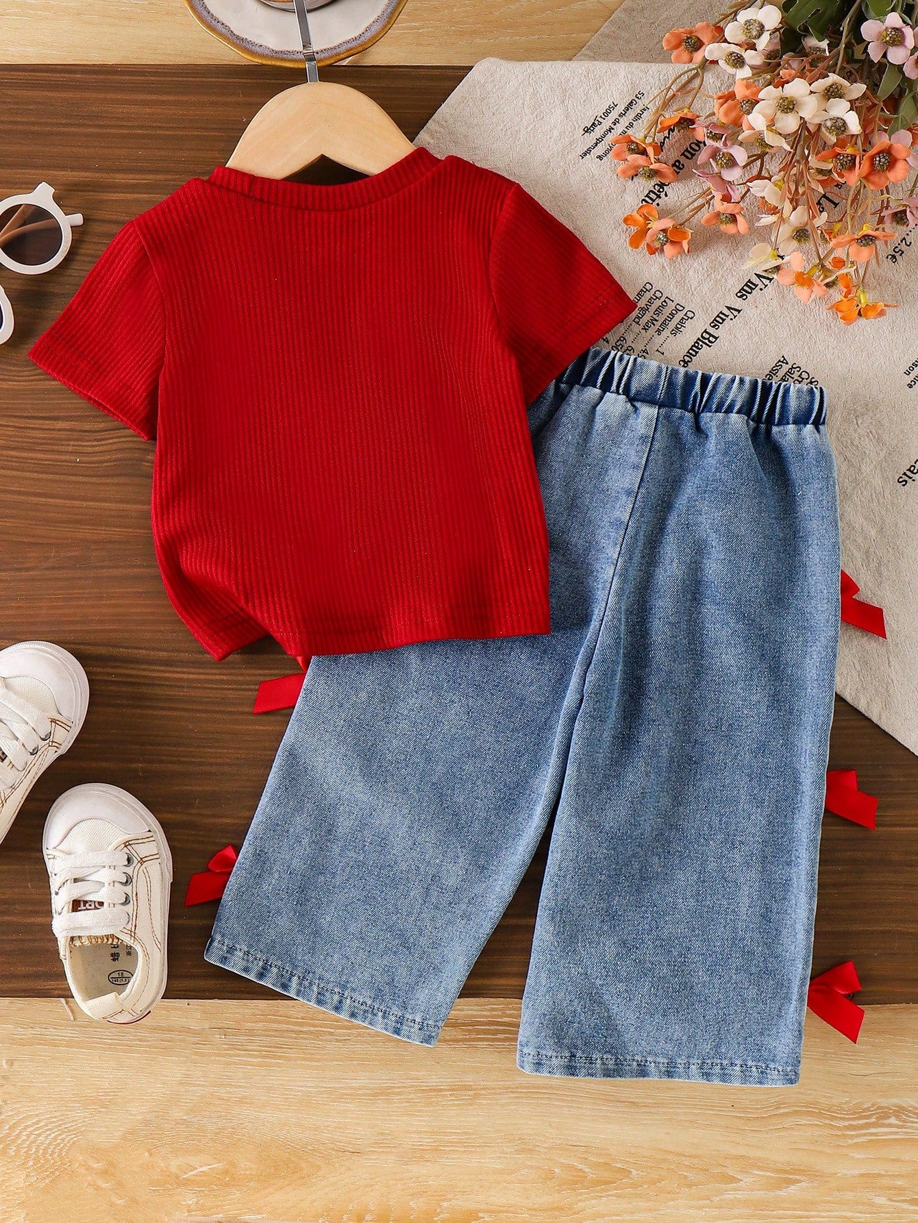 Playful Pals Baby Girls' Red Ribbed Short Sleeve T-Shirt And Blue Pants With Bow 2-Piece Outfit,Cute Summer Jeans Set,Family Matching Casual Clothes 1 To 2 Years