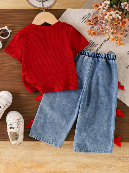 Playful Pals Baby Girls' Red Ribbed Short Sleeve T-Shirt And Blue Pants With Bow 2-Piece Outfit,Cute Summer Jeans Set,Family Matching Casual Clothes 1 To 2 Years