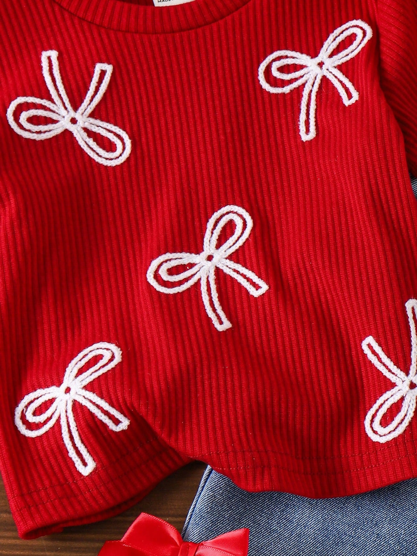 Playful Pals Baby Girls' Red Ribbed Short Sleeve T-Shirt And Blue Pants With Bow 2-Piece Outfit,Cute Summer Jeans Set,Family Matching Casual Clothes 1 To 2 Years