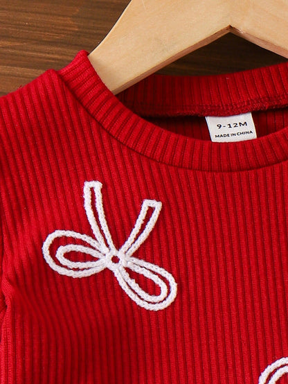 Playful Pals Baby Girls' Red Ribbed Short Sleeve T-Shirt And Blue Pants With Bow 2-Piece Outfit,Cute Summer Jeans Set,Family Matching Casual Clothes 1 To 2 Years