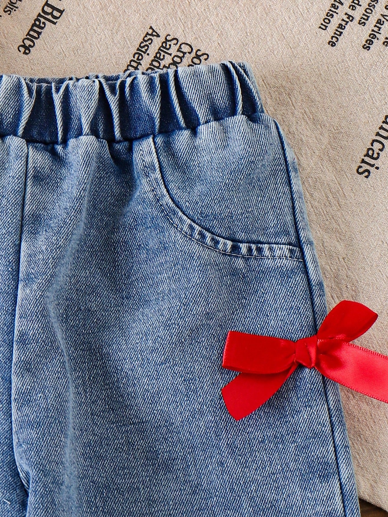 Playful Pals Baby Girls' Red Ribbed Short Sleeve T-Shirt And Blue Pants With Bow 2-Piece Outfit,Cute Summer Jeans Set,Family Matching Casual Clothes 1 To 2 Years