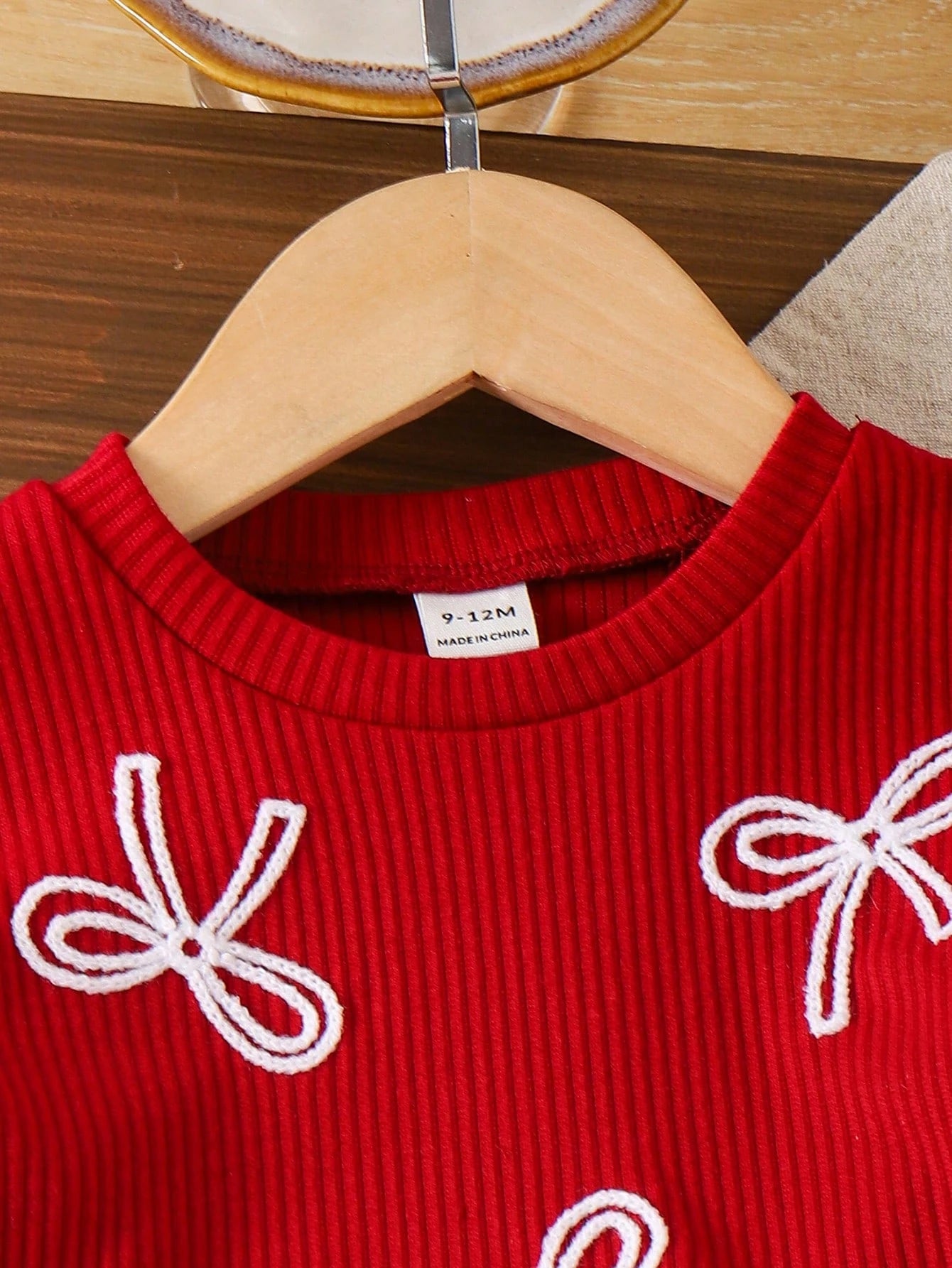 Playful Pals Baby Girls' Red Ribbed Short Sleeve T-Shirt And Blue Pants With Bow 2-Piece Outfit,Cute Summer Jeans Set,Family Matching Casual Clothes 1 To 2 Years