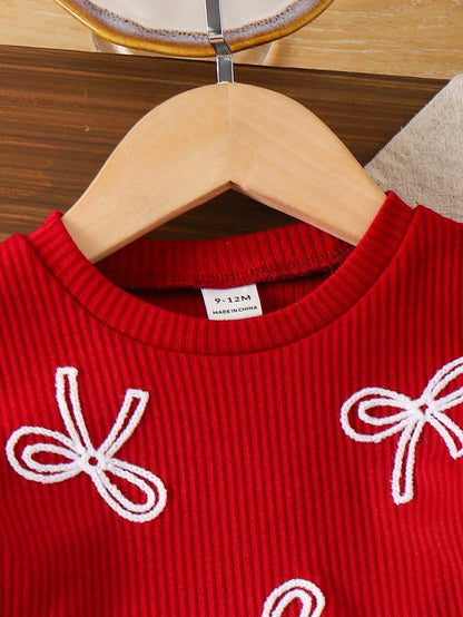 Playful Pals Baby Girls' Red Ribbed Short Sleeve T-Shirt And Blue Pants With Bow 2-Piece Outfit,Cute Summer Jeans Set,Family Matching Casual Clothes 1 To 2 Years
