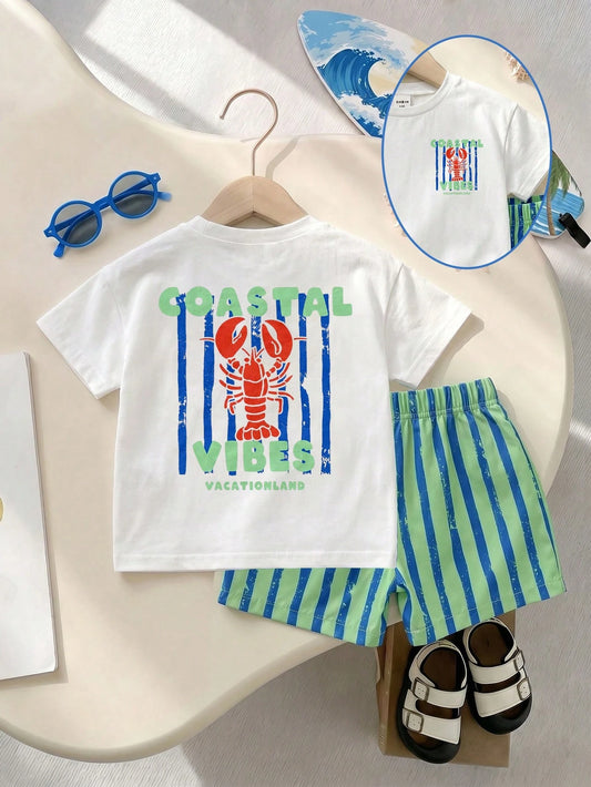 Playful Pals Crawfish Print 2 Pieces Toddler Summer Vacation Before And After T-Shirt With Elastic Waist Striped S