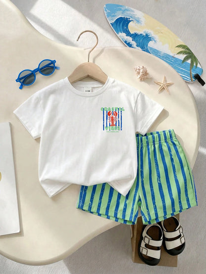 Playful Pals Crawfish Print 2 Pieces Toddler Summer Vacation Before And After T-Shirt With Elastic Waist Striped S