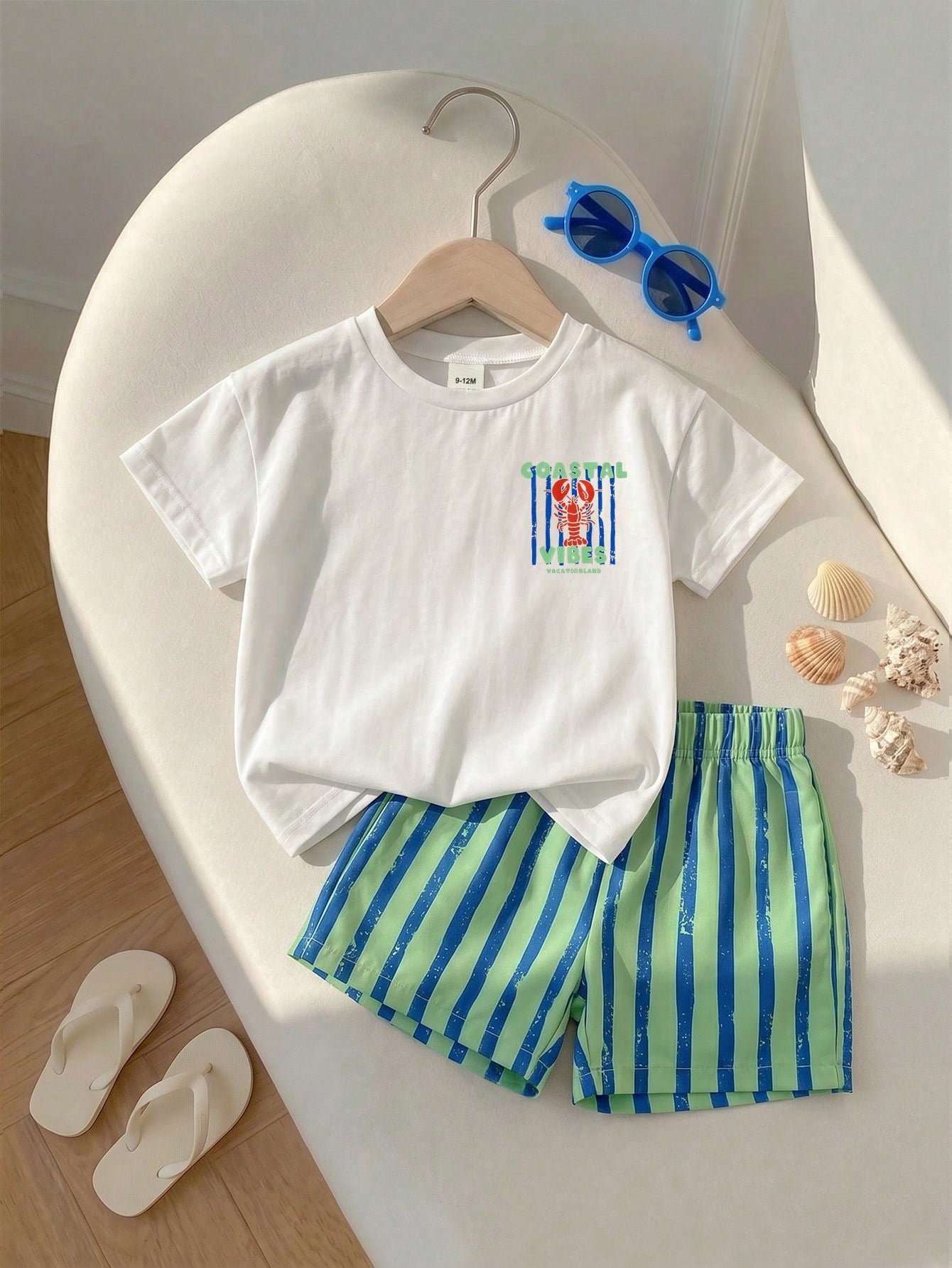 Playful Pals Crawfish Print 2 Pieces Toddler Summer Vacation Before And After T-Shirt With Elastic Waist Striped S