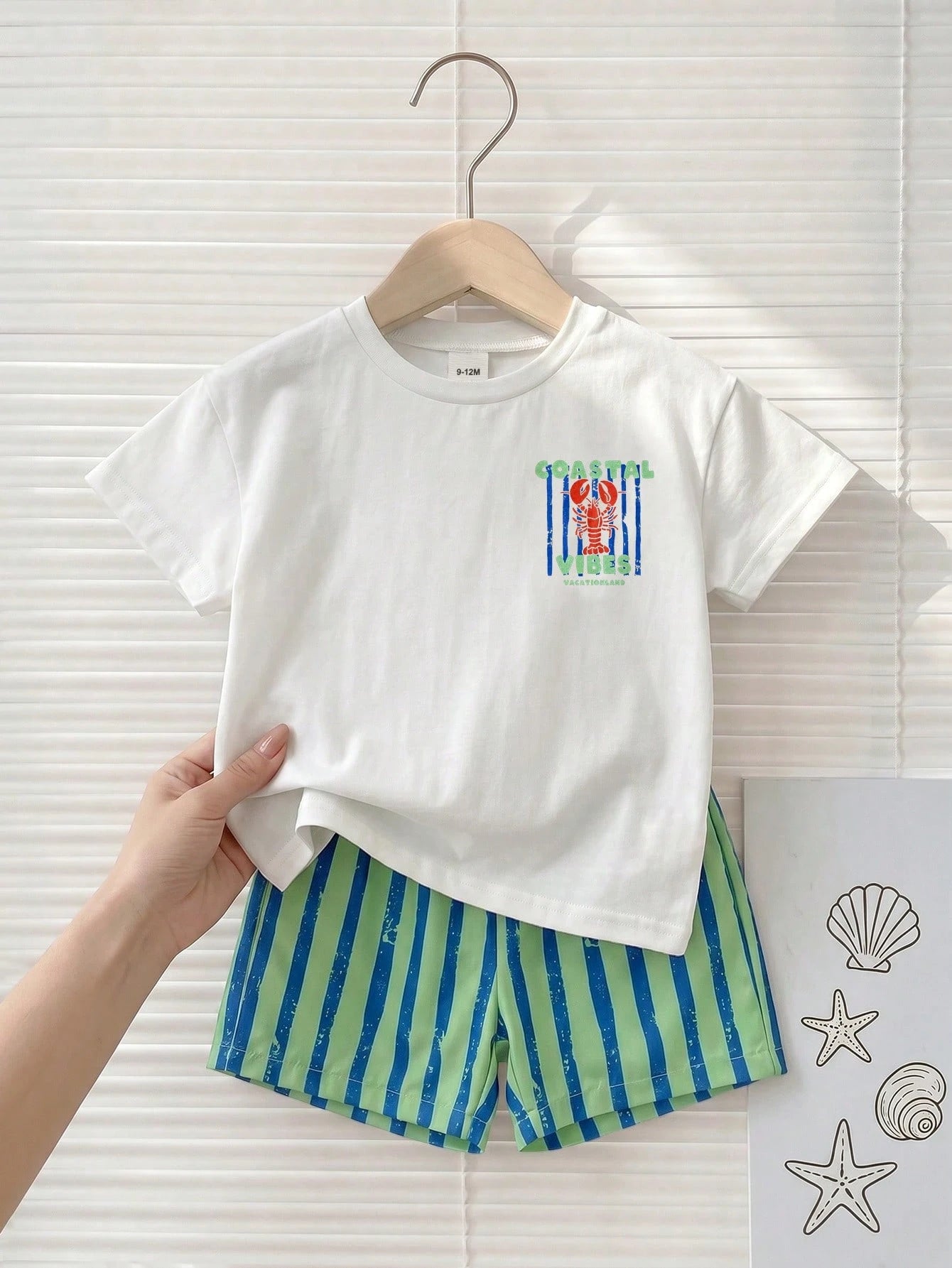 Playful Pals Crawfish Print 2 Pieces Toddler Summer Vacation Before And After T-Shirt With Elastic Waist Striped S