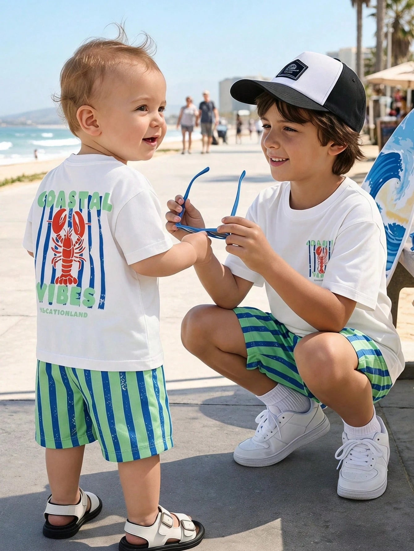 Playful Pals Crawfish Print 2 Pieces Toddler Summer Vacation Before And After T-Shirt With Elastic Waist Striped S