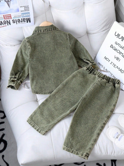 Playful Pals Infant (Boys) Fashionable Edgy Street Style Washed Blue Shirt With Pants, Spring/Autumn Fall Winter