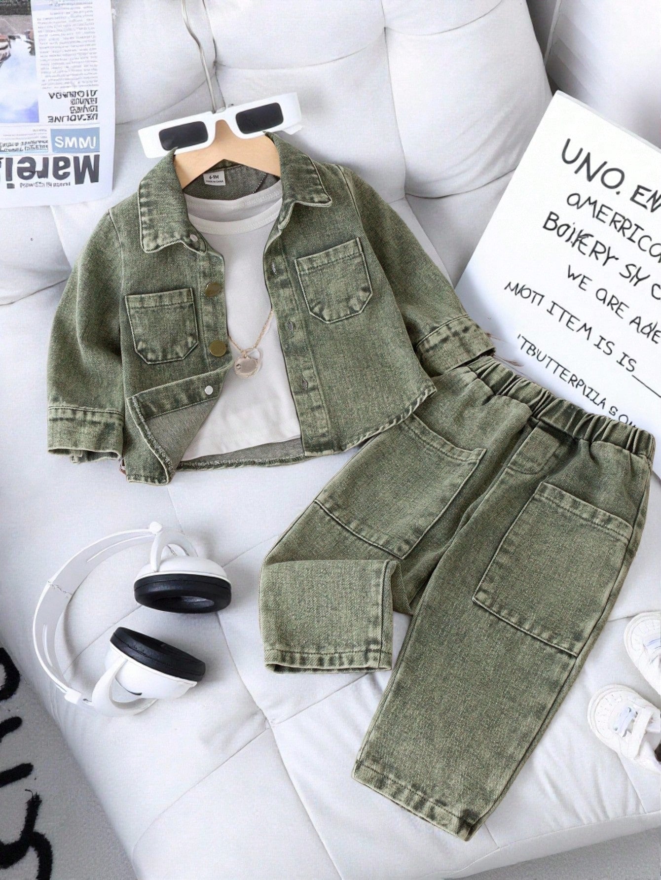 Playful Pals Infant (Boys) Fashionable Edgy Street Style Washed Blue Shirt With Pants, Spring/Autumn Fall Winter
