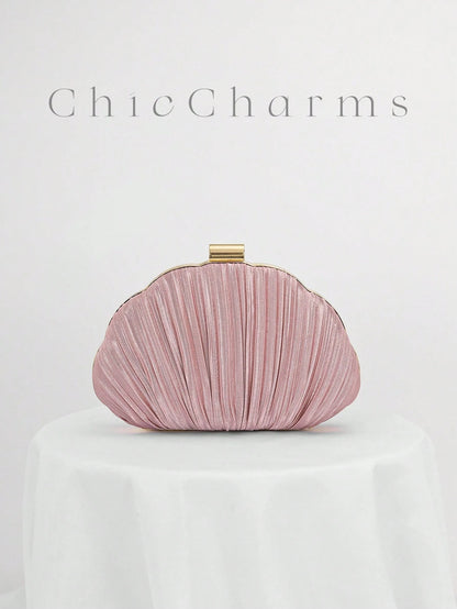 Pleated Satin Design Box-Shaped Evening Clutch, Banquet Bag Chain Strap Bag, Wedding Purse,Wedding, Pink, Party Bags, Wedding Items,Bride